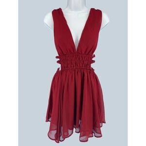 Lucy in the Sky Red Deep V Neck Ruched Cutout Mini‎ Dress Size S Valentines Date